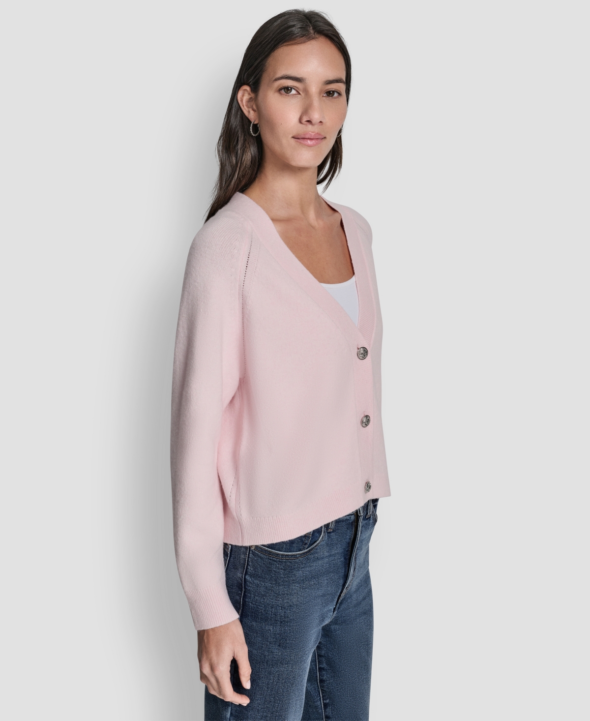 Dkny Jeans Petite Fully Fashioned Raglan V-neck Cardigan In Pink