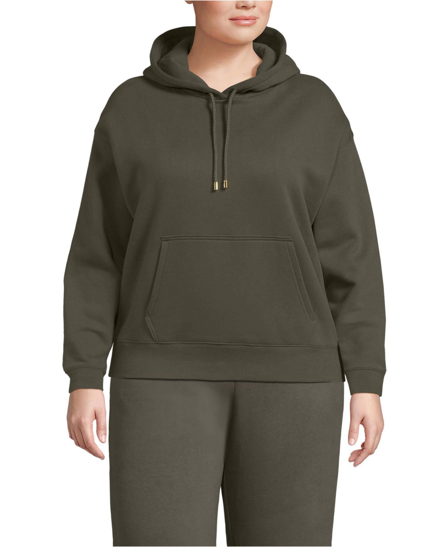 Женское худи Lands' End Plus Size Serious Sweats Hooded, цвет: Тёмно-зелёный мох — фото 1