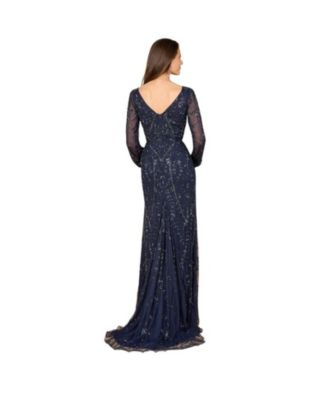 Women's V-Neck Beaded Gown with Sleeves