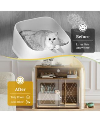 Cat Litter Box Enclosure with Double Barn Doors, Divider, Side Entry and Storage Shelf
