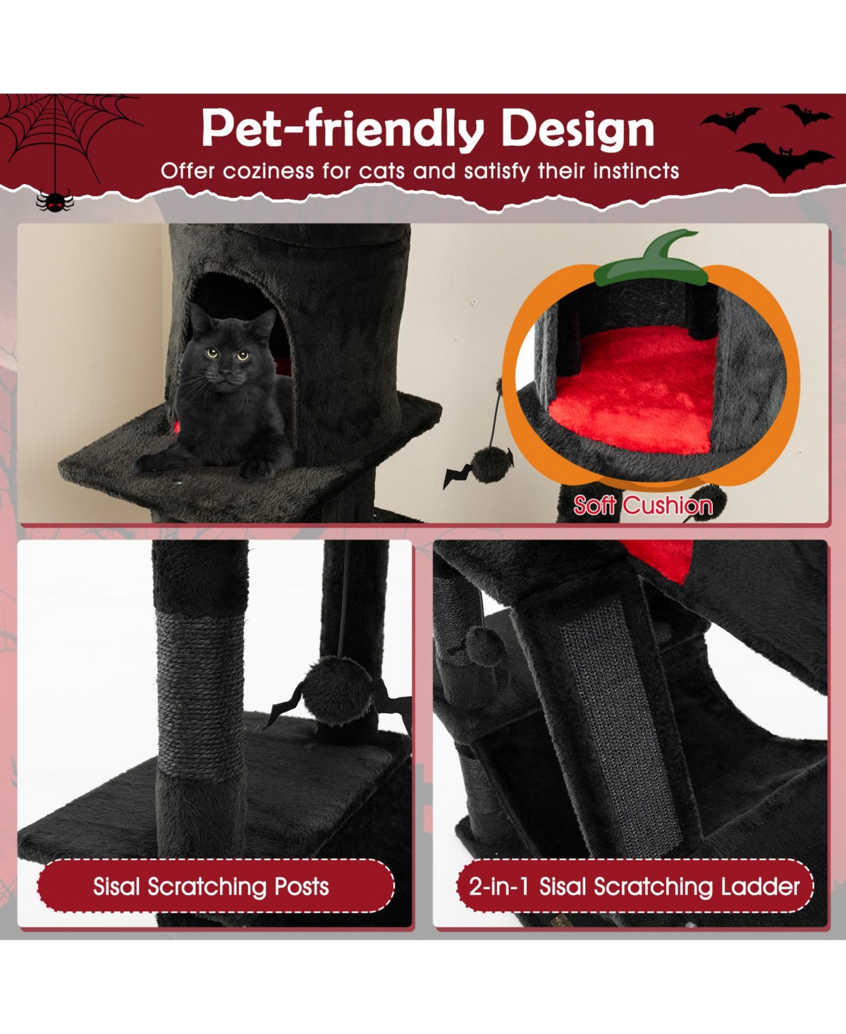 Skonyon Gothic Cat Tree with 2 Cat Condos and Spooky Dangling Ball for Indoor Cats