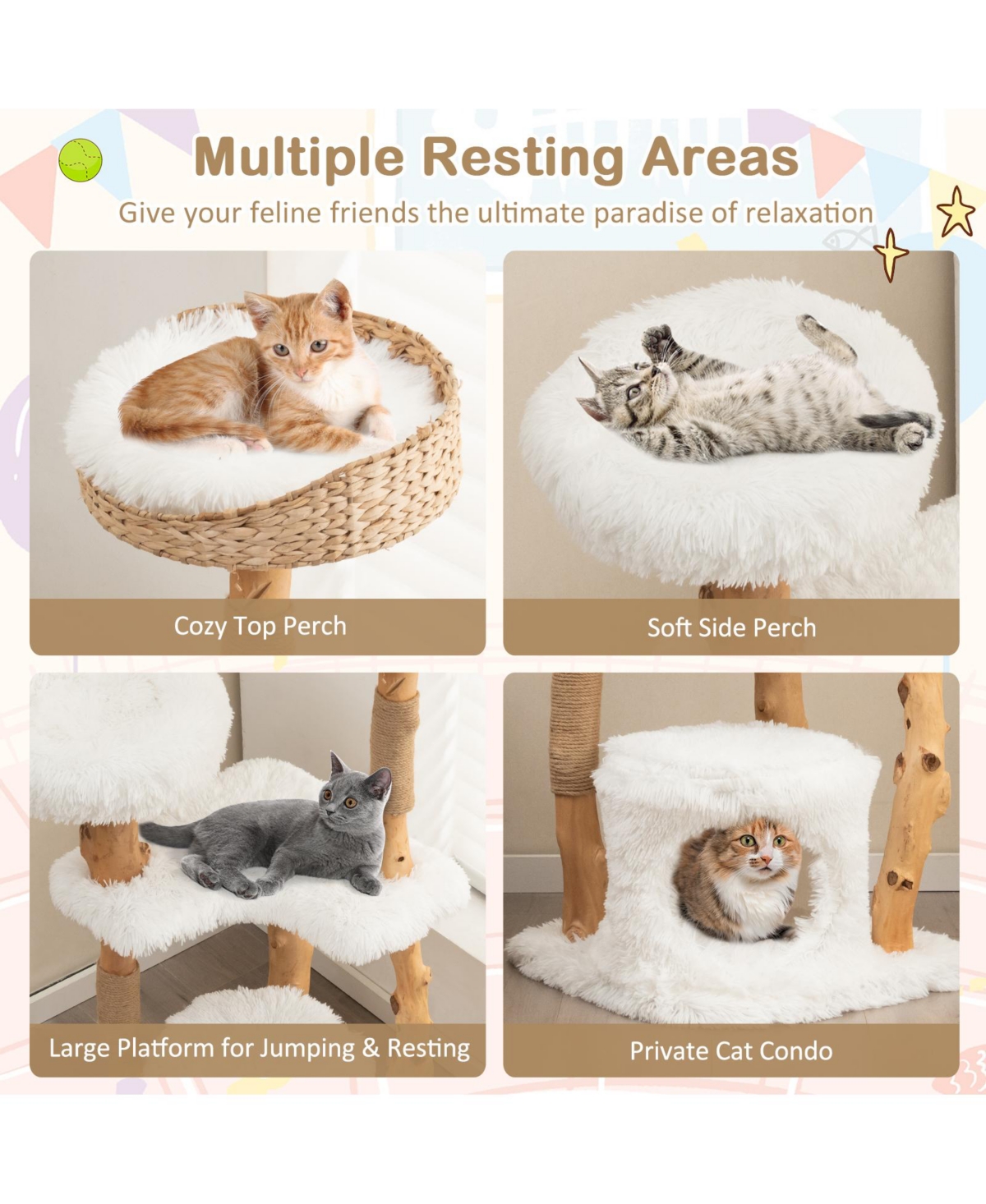 Skonyon Solid Wood Cat Tower with Top Cattail Basket Cat Bed for Indoor Cats