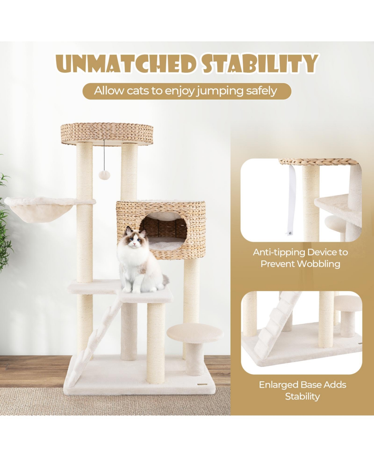 Skonyon Modern Cat Tree for Indoor Cats with Cattail Fluff Condo and Top Perch