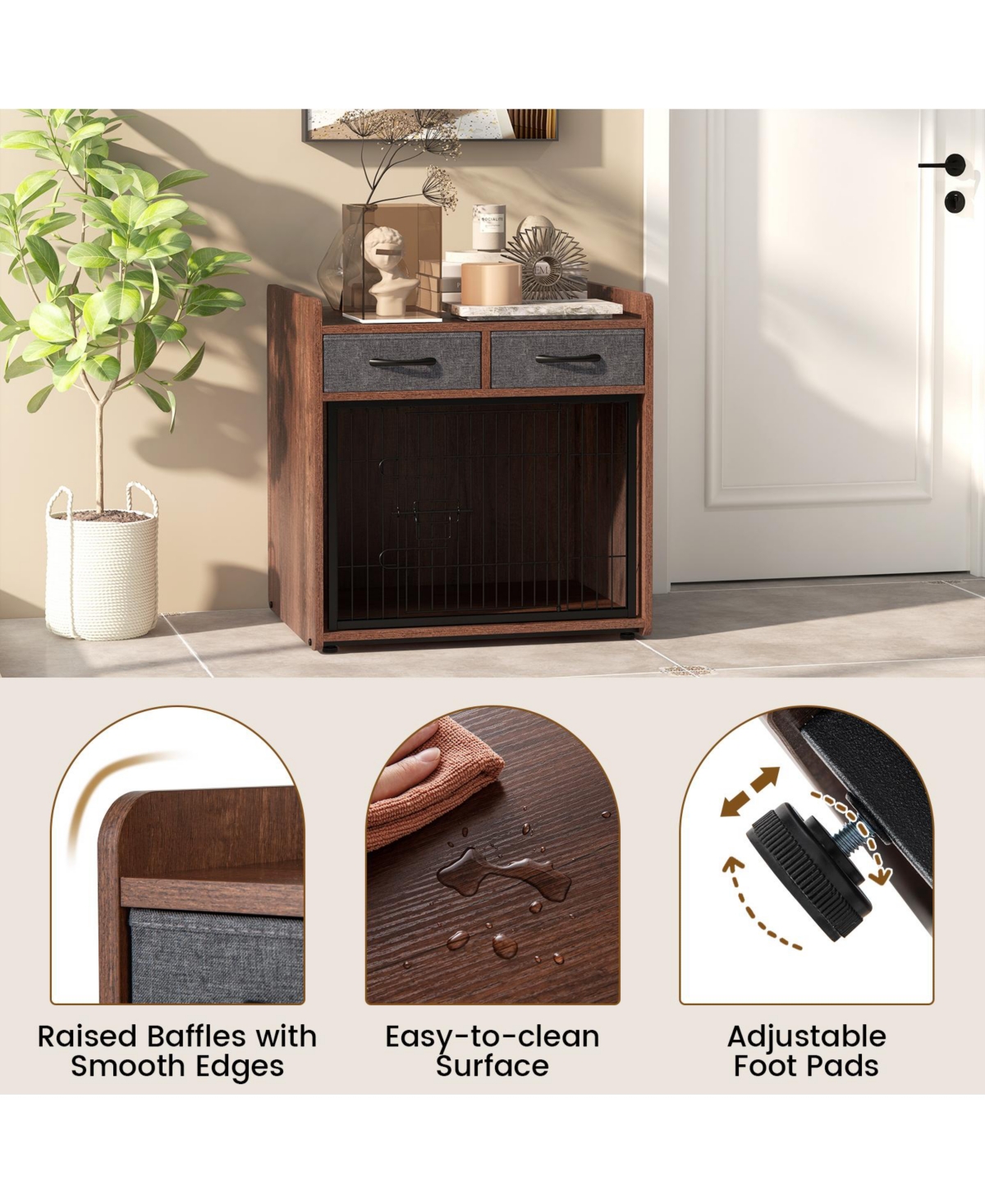 Sugift Dog Crate Furniture Indoor Dog Cage with 2 Fabric Drawers End Table