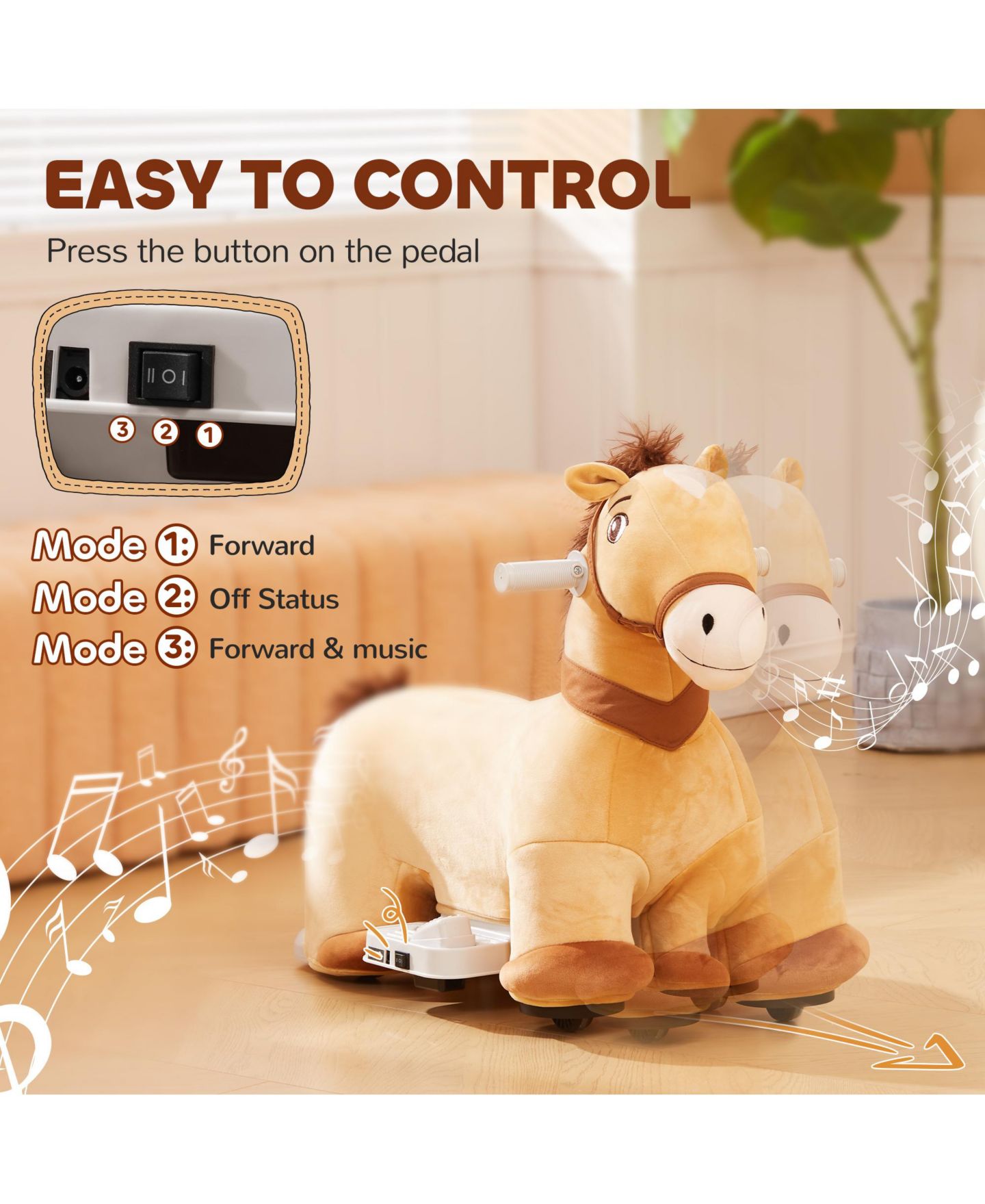 Детская игрушка Qaba 6V Electric Ride-On Horse with Music, 55 lbs. Capacity, Ages 1.5+, цвет: Коричневый — фото 6