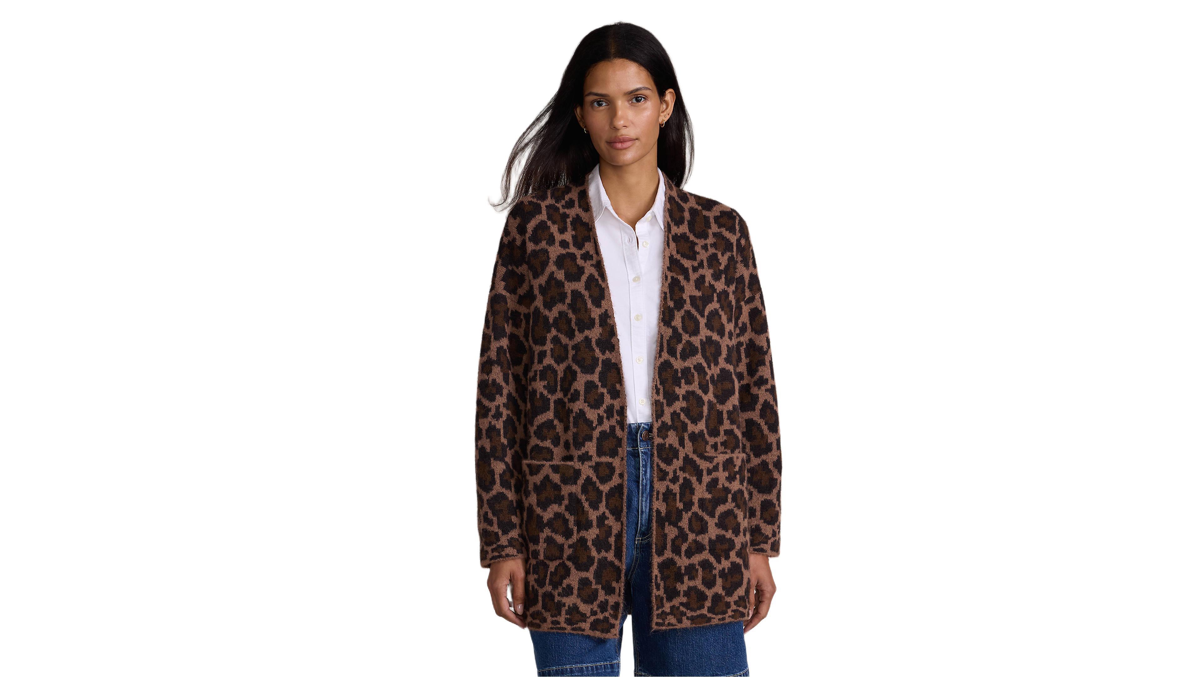 Lands' End Women's Fuzzy Jacquard Cardigan Jacket Sweater