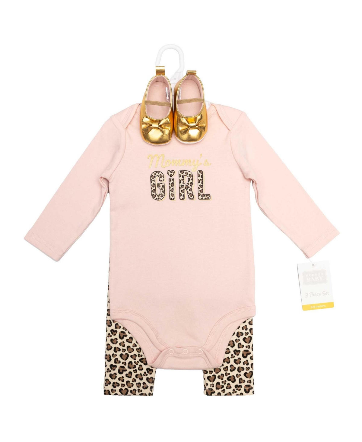 Hudson Baby Girls Cotton Bodysuit, Pant and Shoe Set, Leopard Hearts Girls, 9-12 Months