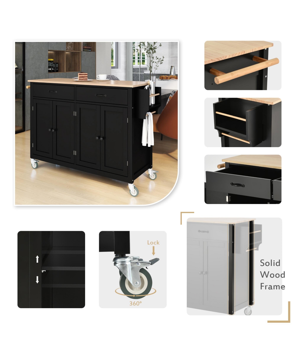 Casainc 54.3inch Kitchen Island Cart with Solid Wood Top, Locking Wheels, 4-Door Cabinet, Two Drawers, Spice Rack and Towel for Dining Room