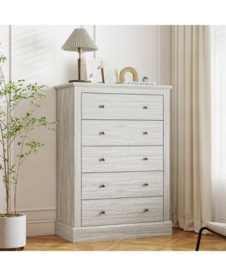 wood construction features five spacious drawers for organized bedroom storage, designed as a functional dresser