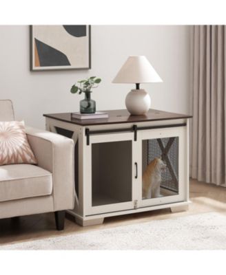Dog Cage Crate Furniture with Sliding Barn Door Wooden Dog Kennel End Table with Flip-Top Plate and Detachable Divider for Small Dogs