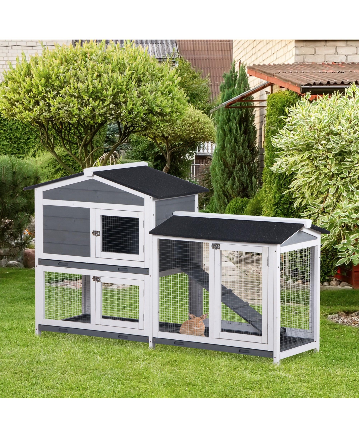 PawHut 2-Story Rabbit Hutch Wooden Bunny Cage Small Animal House