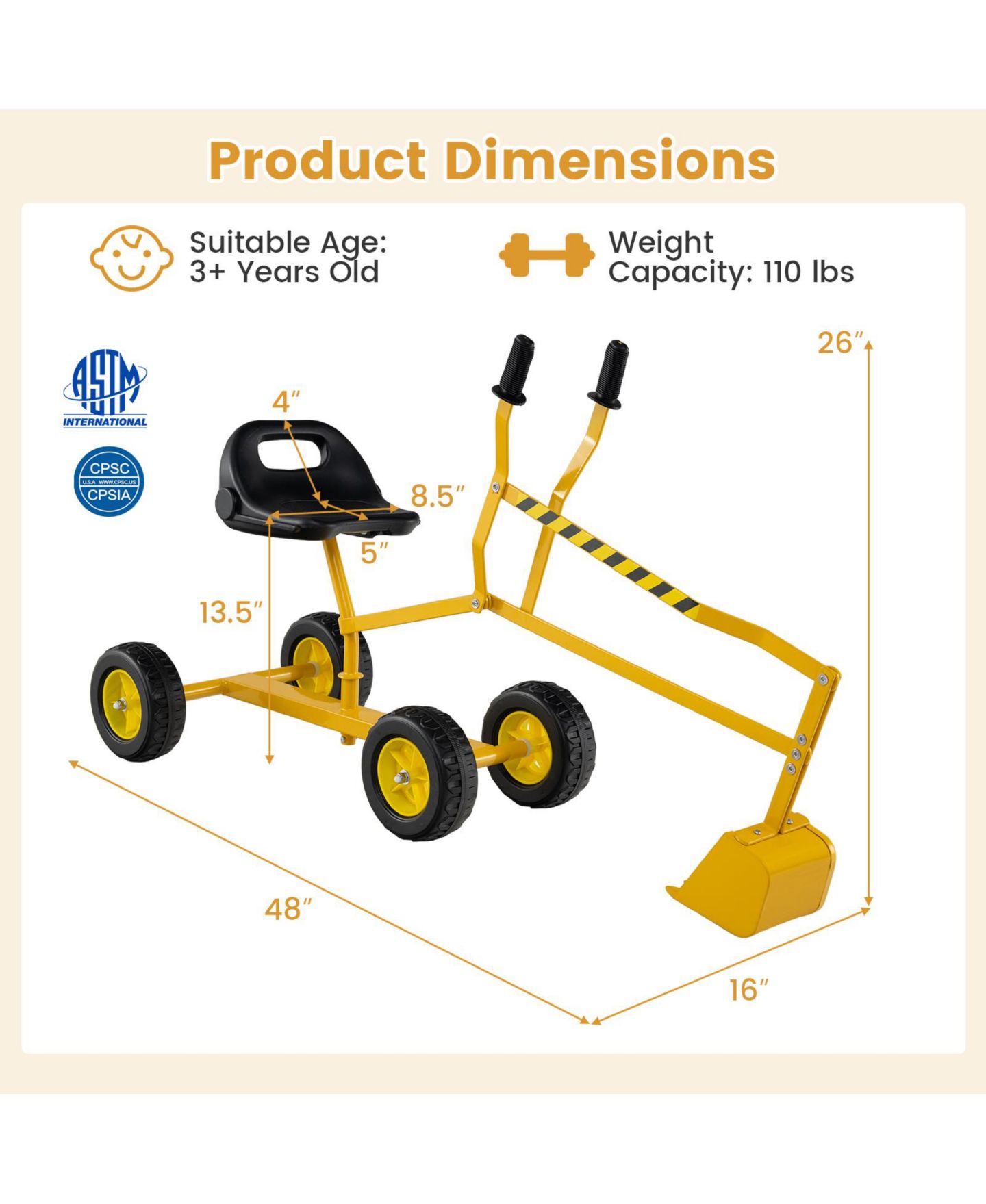 Детская игрушка SUGIFT 360°-Rotating Metal-Frame Ride-On Sand Digger, 110 lbs Capacity, Ages 3+, цвет: Жёлтый — фото 4