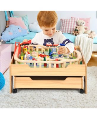 Children's Wooden Railway Set Table with 100 Pieces Storage Drawers