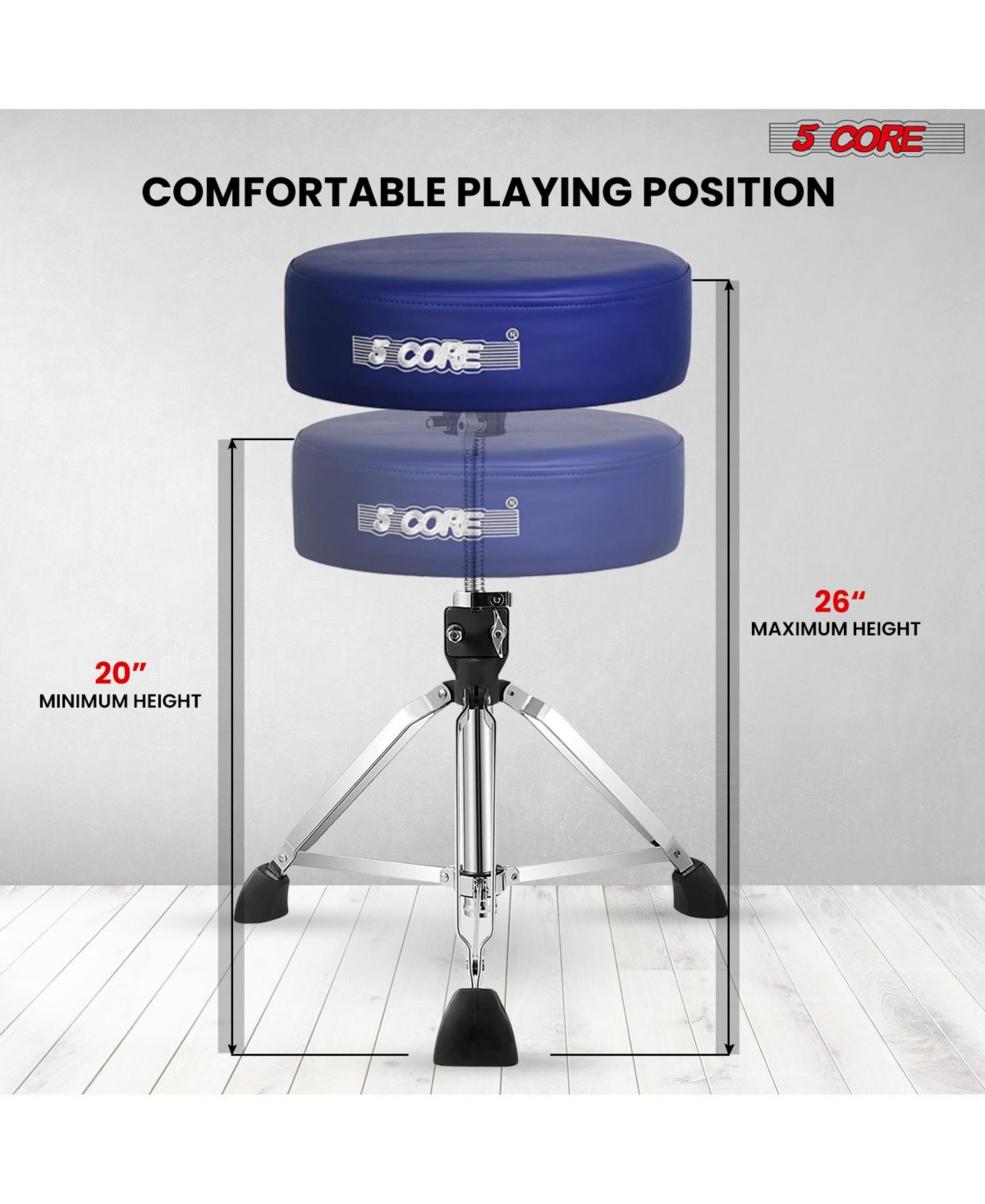 5 Core Drum Throne 4" Thick Padded Guitar Stool 441Lb Capacity 20-26" Adjustable Drummer Chair