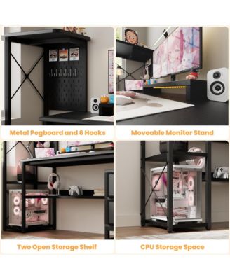 Gaming Desk with 2 Fabric Drawers and LED Lights, Reversible Computer Desk with Outlets & DIY Pegboard