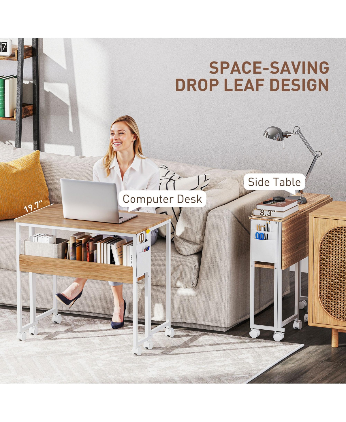 Homcom Small Folding Desk Foldable Computer with Shelf Wheels