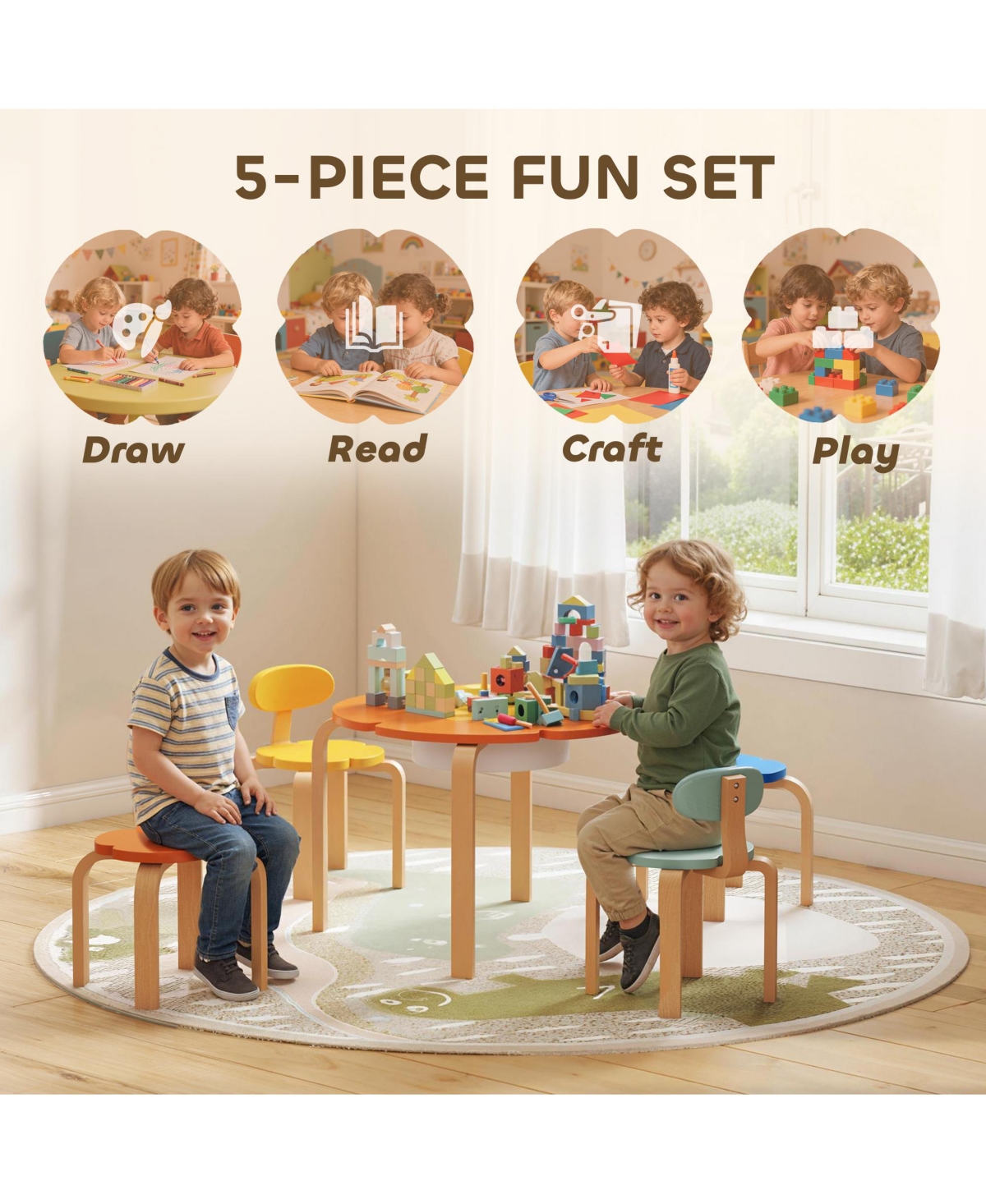 Qaba Kids Table and Chairs Set, 5 Piece Toddler Table and Chair Set