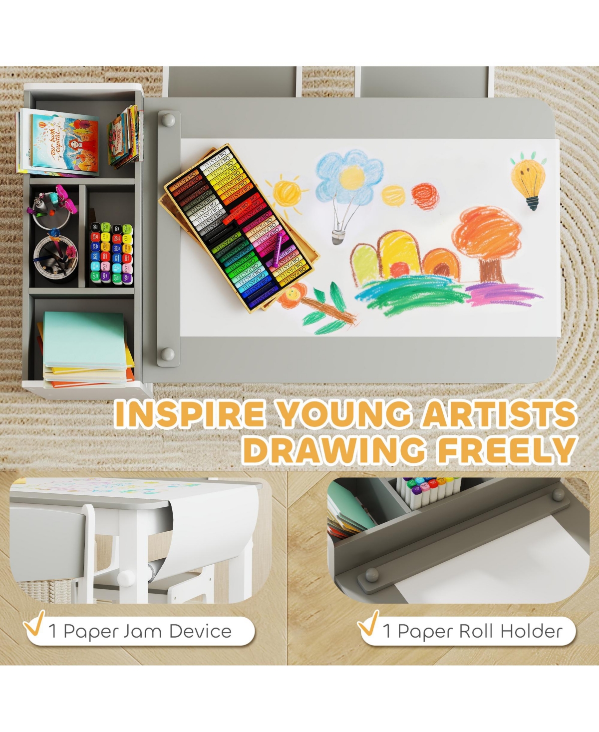 Qaba Kids Desk and Chair Set, Activity Craft Table for 3-8, Natural Wood