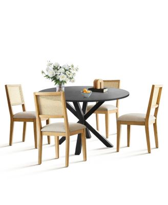 5-Piece Black Round Dining Set, MDF Table with Faux Rattan Back Chairs and Upholstered Seats Apartment Small Dining Room-Maison Boucle