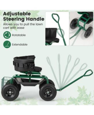 Cushioned Rolling Garden Cart Scooter with Storage Basket and Tool Pouch