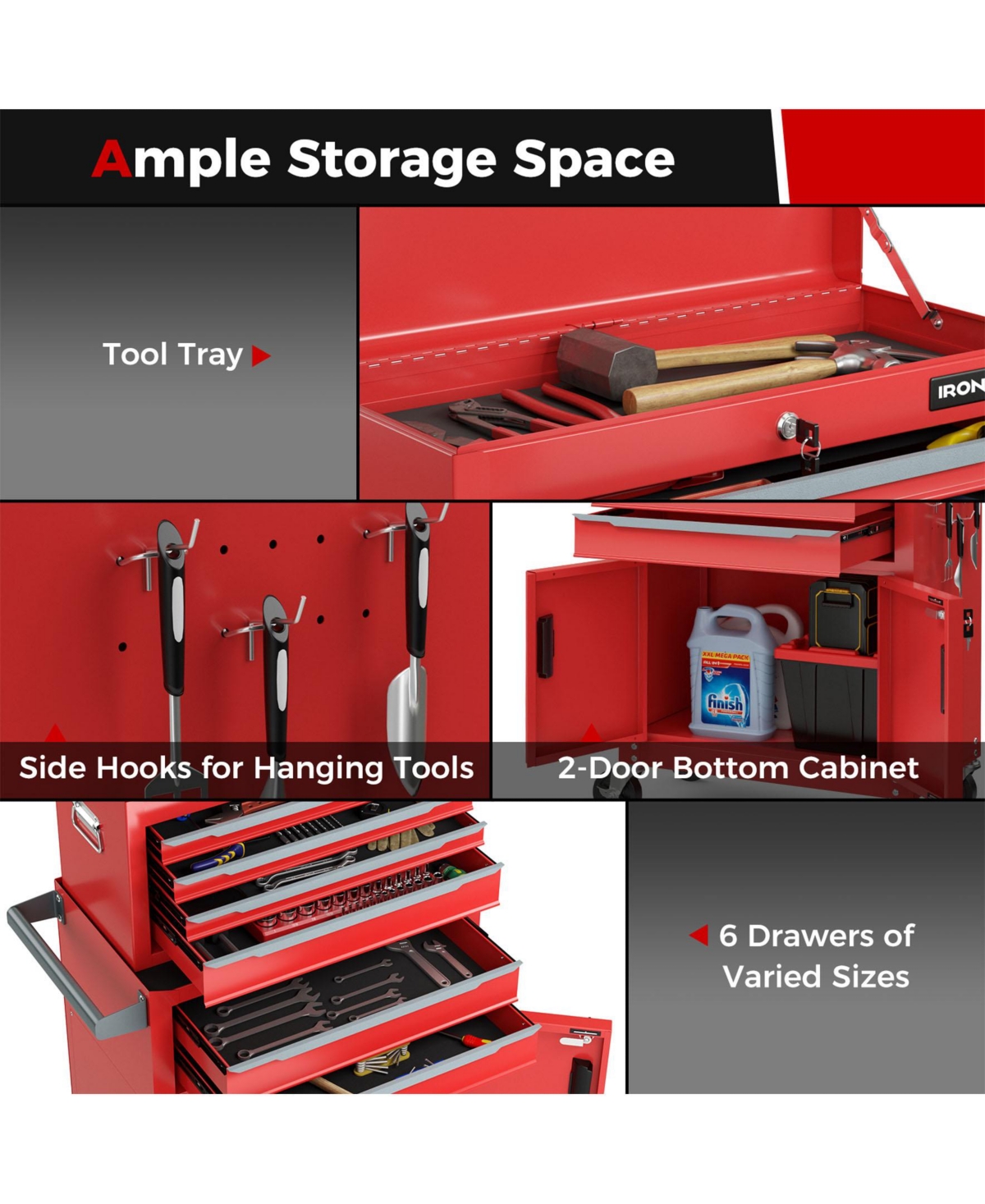 Sugift 6-Drawer Rolling Tool Storage Chest Cabinet with Universal Wheels and Hooks
