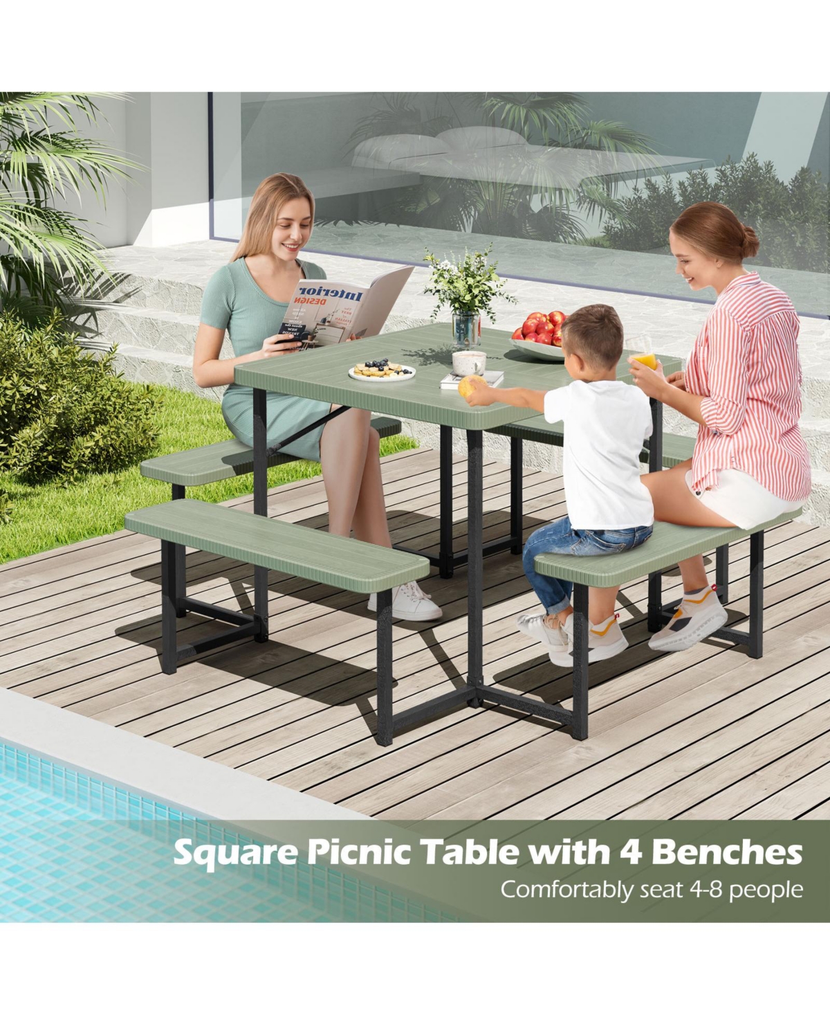 Outdoor Square Picnic Table Bench Set for 4-8 People with Umbrella Hole