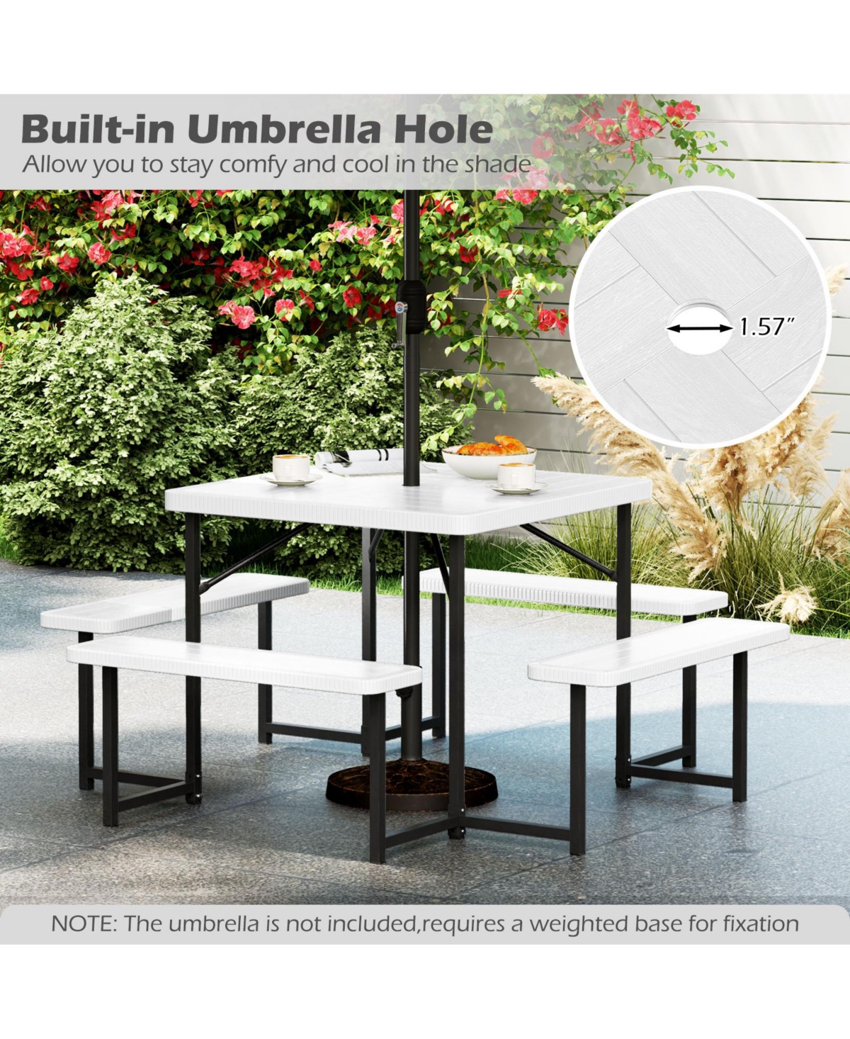 Outdoor Square Picnic Table Bench Set for 4-8 People with Umbrella Hole