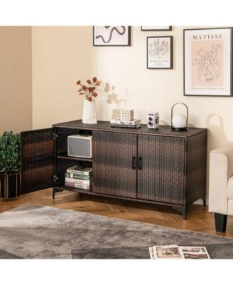 Sugfit 84 Gallon Patio Wicker Deck Box 3-Door PE Rattan Storage Container with Removable Shelves-Brown