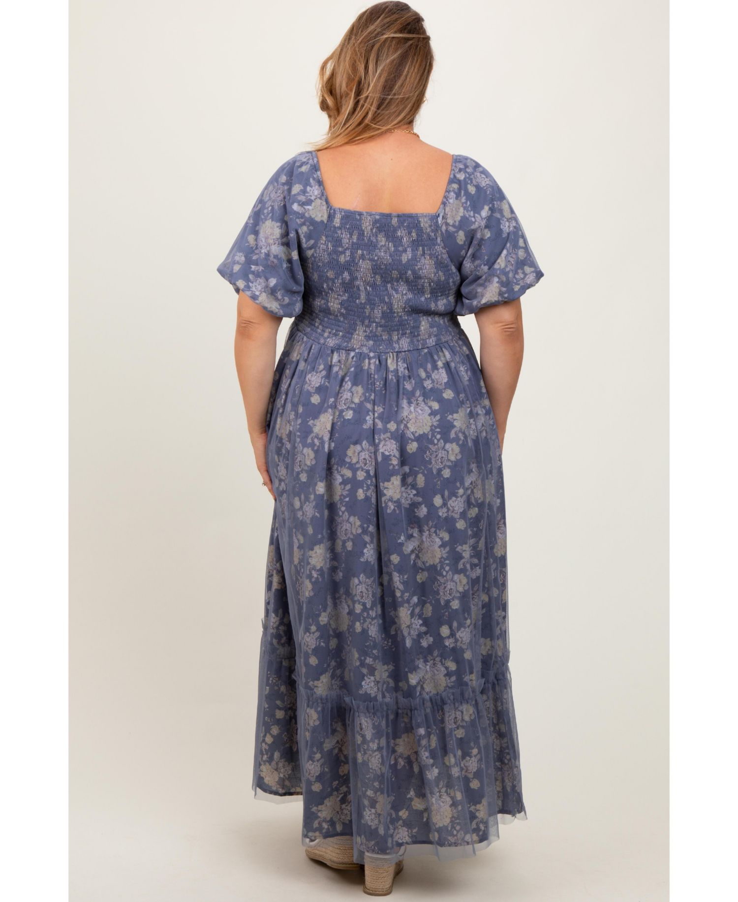 Women's Maternity Floral Mesh Square Neck Short Puff Sleeve Midi Dress