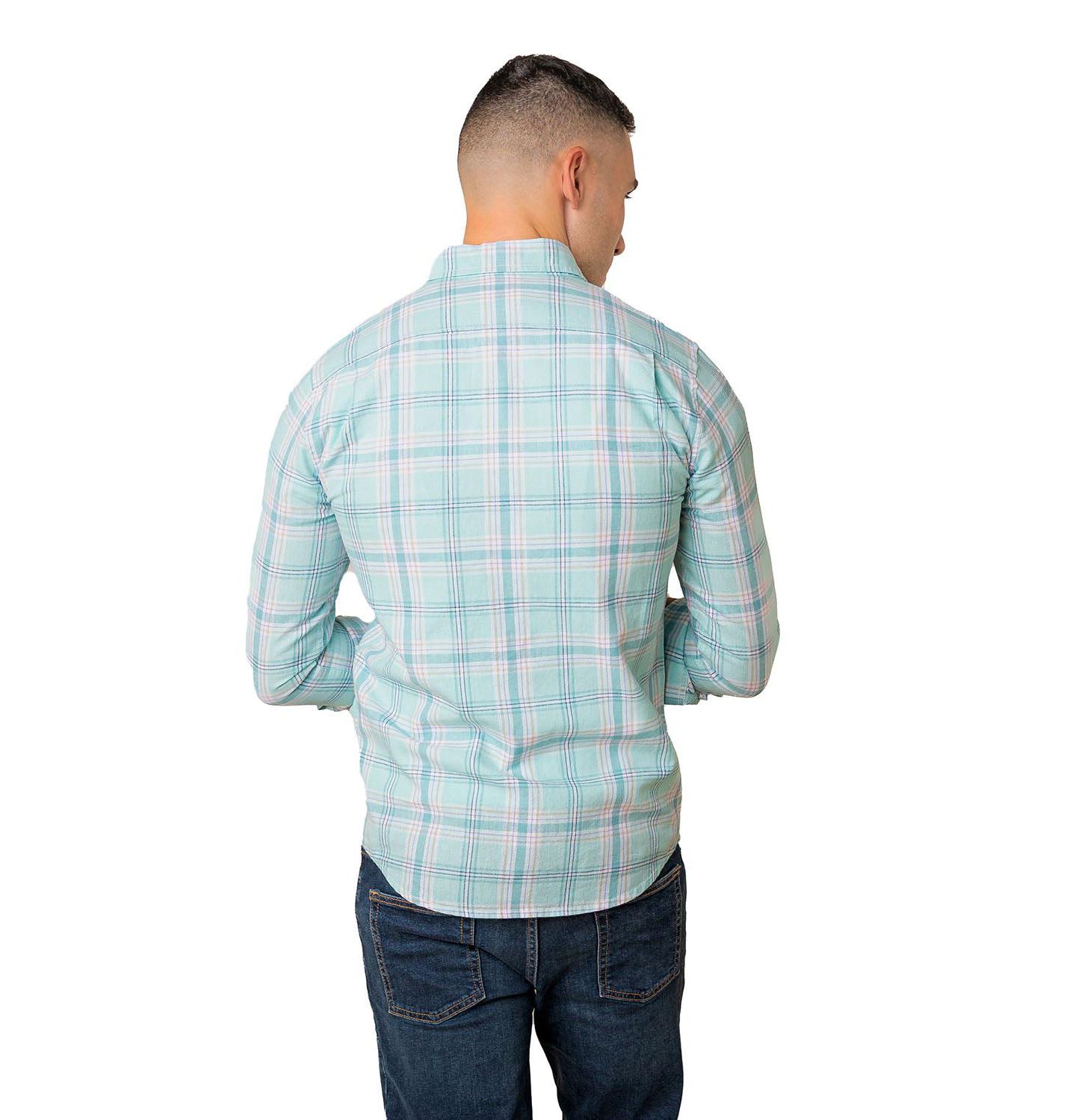 Мужская рубашка Hope & Henry Linen Long Sleeve Button Down, цвет: Чайный синий клетчатый — фото 3