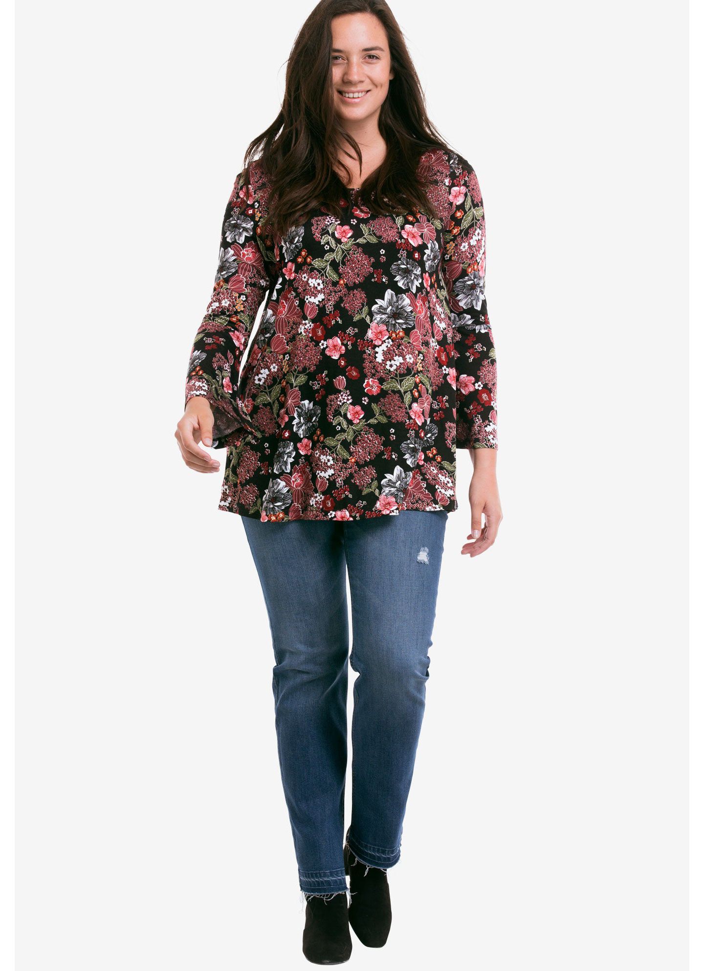 Женский топ ellos Plus Size Bell Sleeve A-Line Knit Tunic, цвет: Чёрный с принтом — фото 3