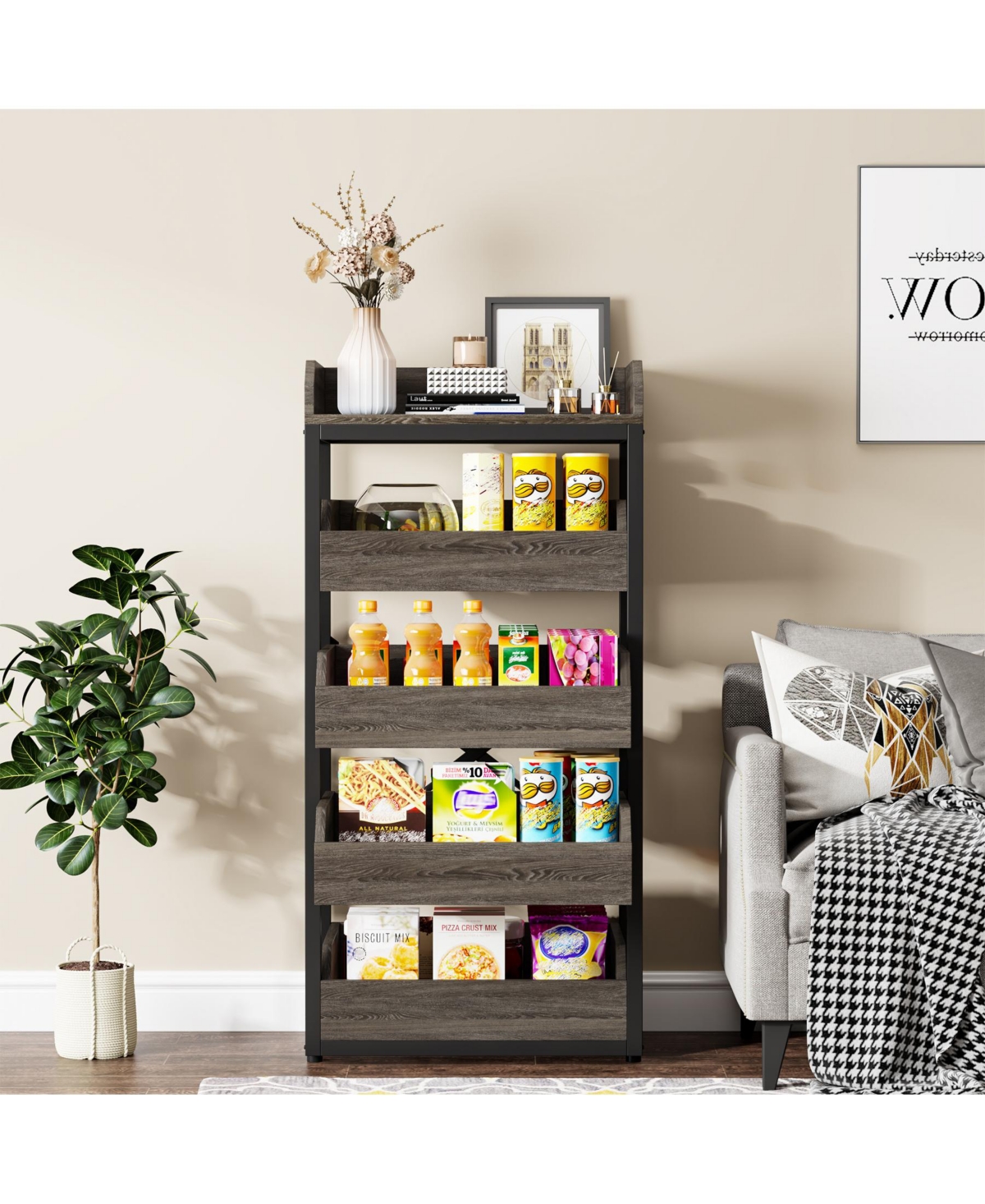 Tribesigns Wood Fruit and Vegetable Storage Rack Set of 2, 5-Tier Pull-Out Snack Stand Fruit Basket Stand