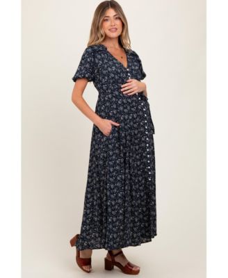 Maternity Navy Floral Button Down Dress