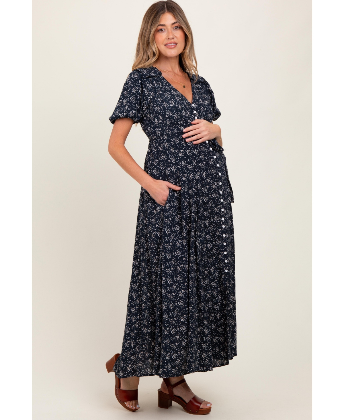Pinkblush Maternity Navy Floral Button Down Dress