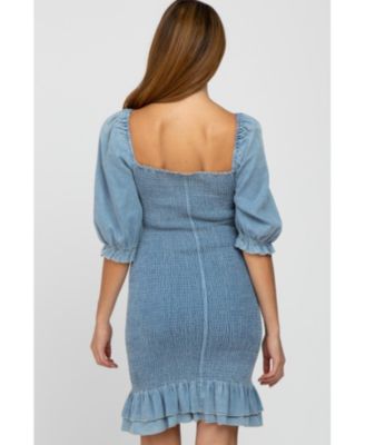 Maternity Light Blue Square Neck Smocked Denim Dress