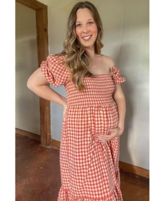 Maternity Rust Gingham Smocked Midi Dress
