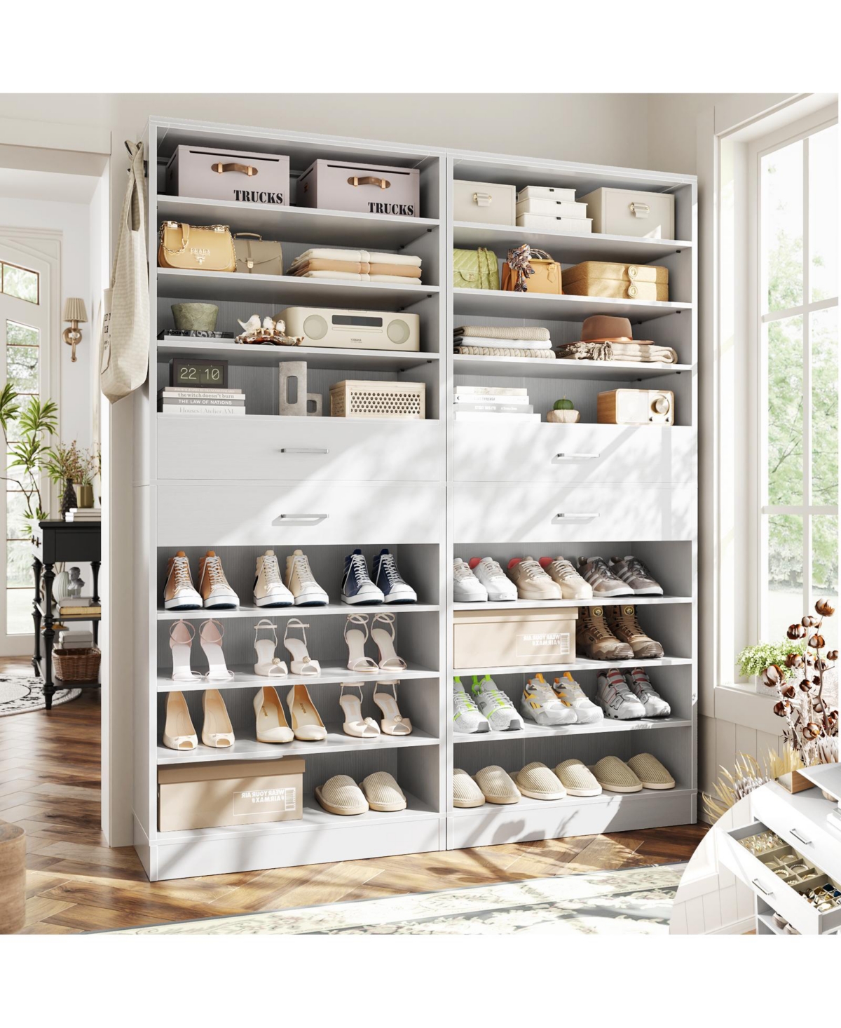 8-Tier Shoe Rack with 2 Drawers, 80'' High Wooden Shoe Cabinet with Adjustable Shelves