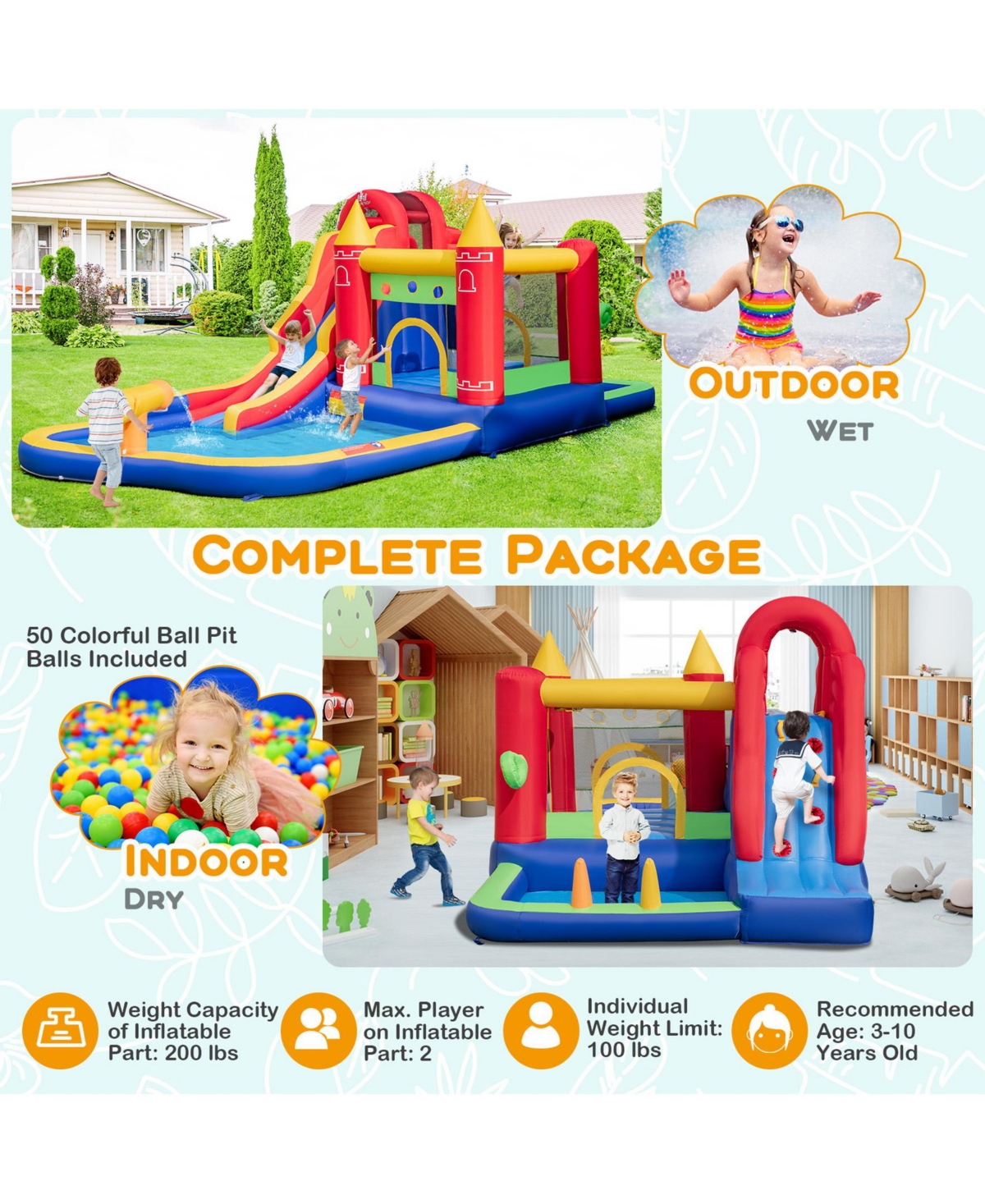 9-in-1 Inflatable Bounce Castle with Water Slide and Splash Pool without Blower
