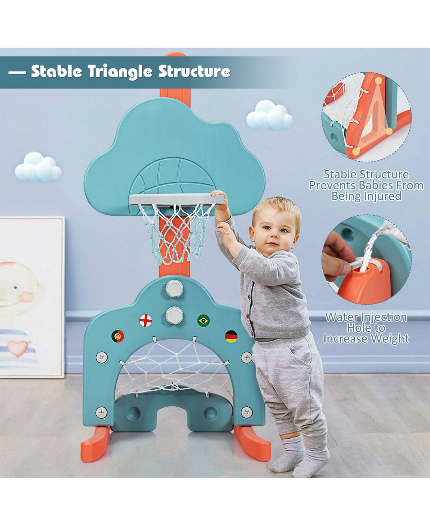 Детские игрушки SUGIFT 3-in-1 Adjustable Basketball Hoop Set, Ages 18 Months+, цвет: Зелёный — фото 5