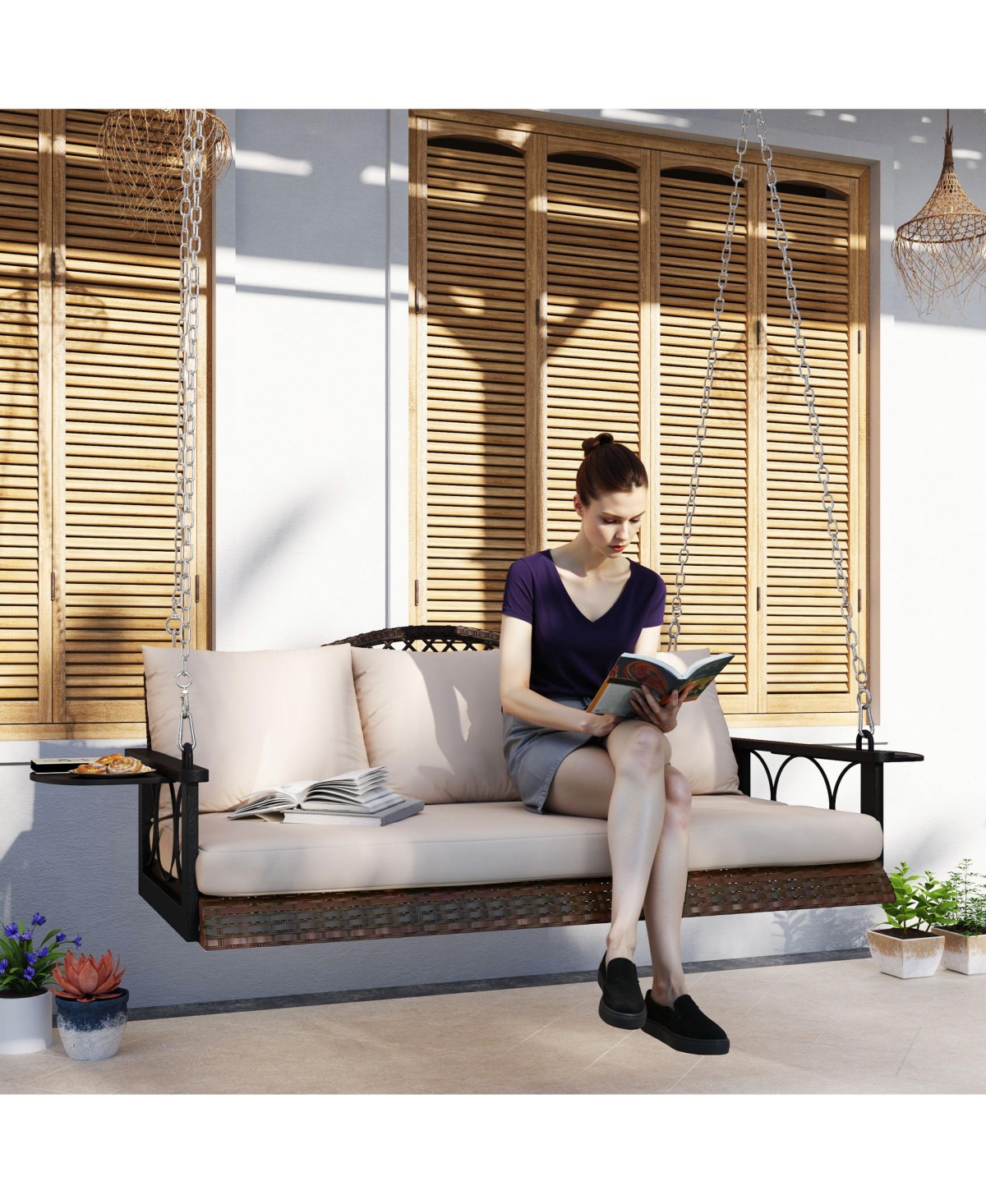 Outsunny Wicker Porch Swing, Hanging Swing Bench with Cup Holder, Natural