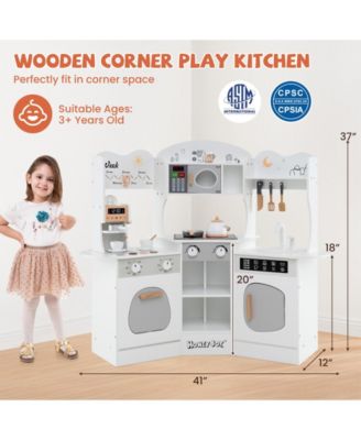 Corner Wooden Play Kitchen with Coffee Machine and Slide for Kids