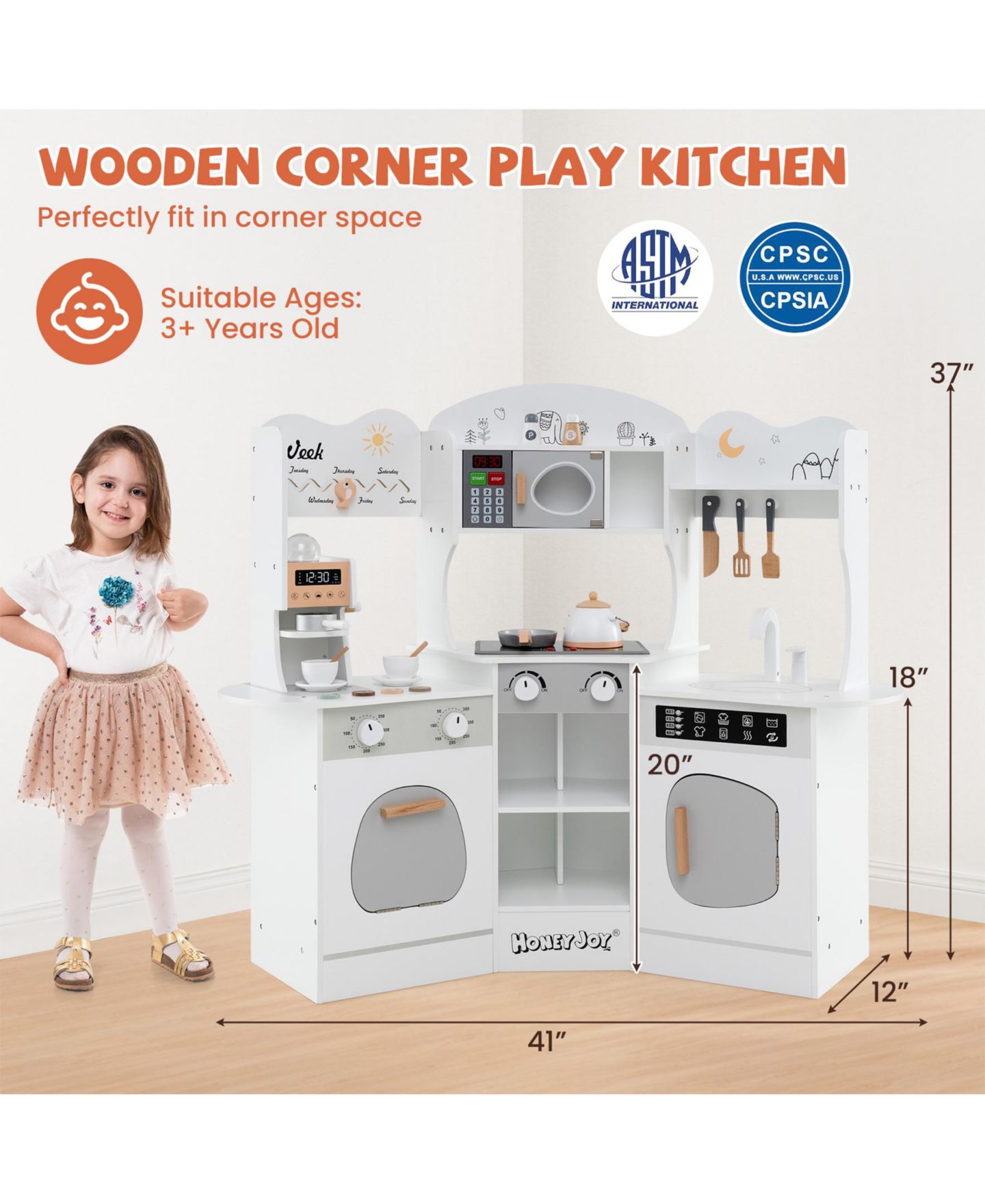 Детская игрушка SUGIFT Wooden Corner Play Kitchen with Coffee Machine and Slide, Ages 3+, цвет: Белый — фото 4