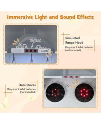 Pretend Play Kitchen Wooden Toy Set with Range Hood Real Sounds and Lights-White