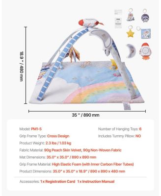 Baby Play Gym Mat with 6 Sensory Toys, Tummy Time Activity Mat 35" x 35