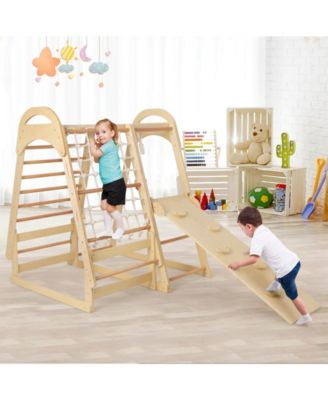 6-in-1 Wooden Kids Jungle Gym Playset with Slide Climbing Net-Natural
