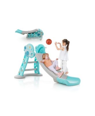 Sugif 3-in-1 Folding Slide Playset with Basketball Hoop and Small Basketball-Blue