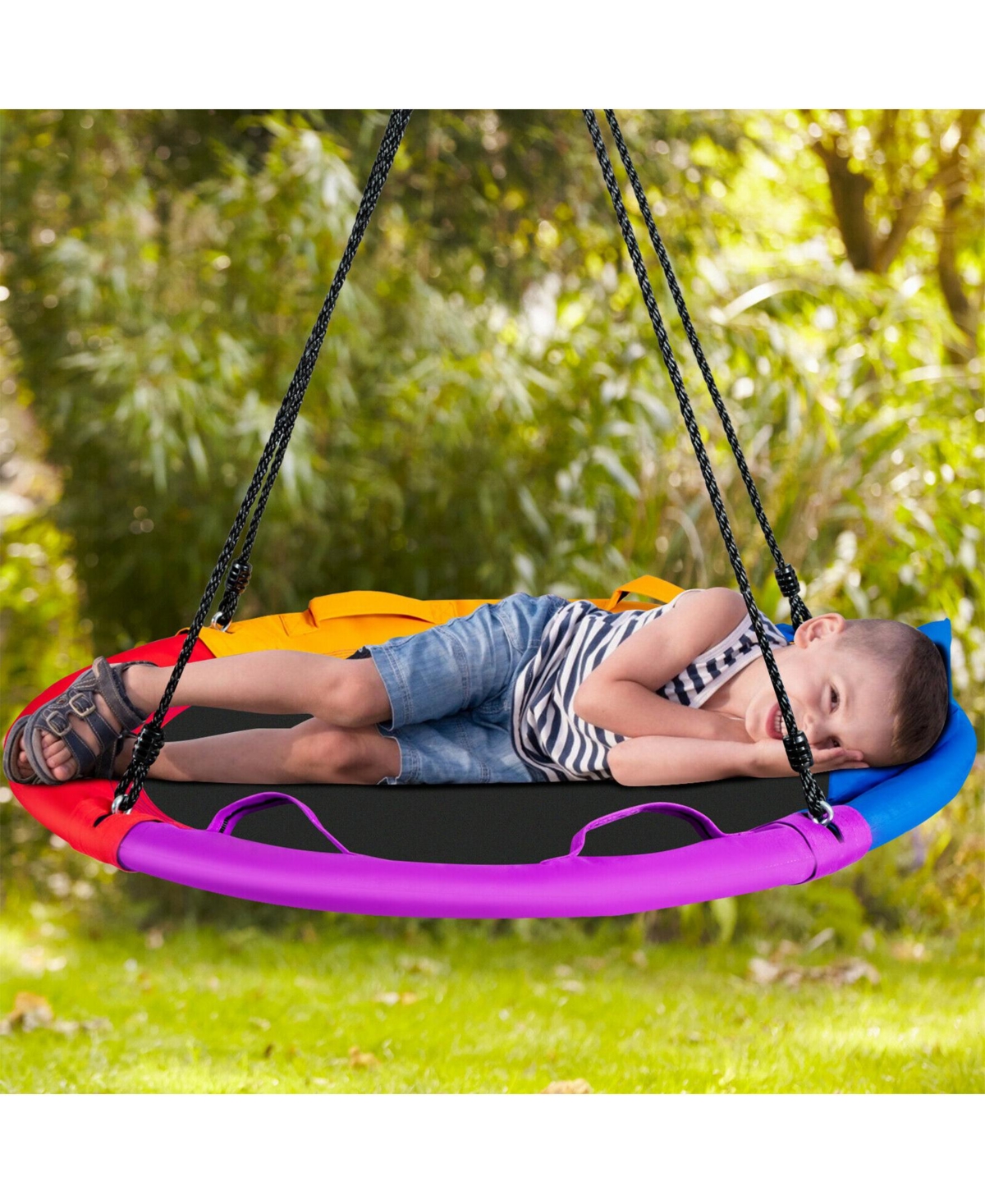 Sugift Saucer Tree Outdoor Round Platform Swing with Pillow and Handle-Multicolor