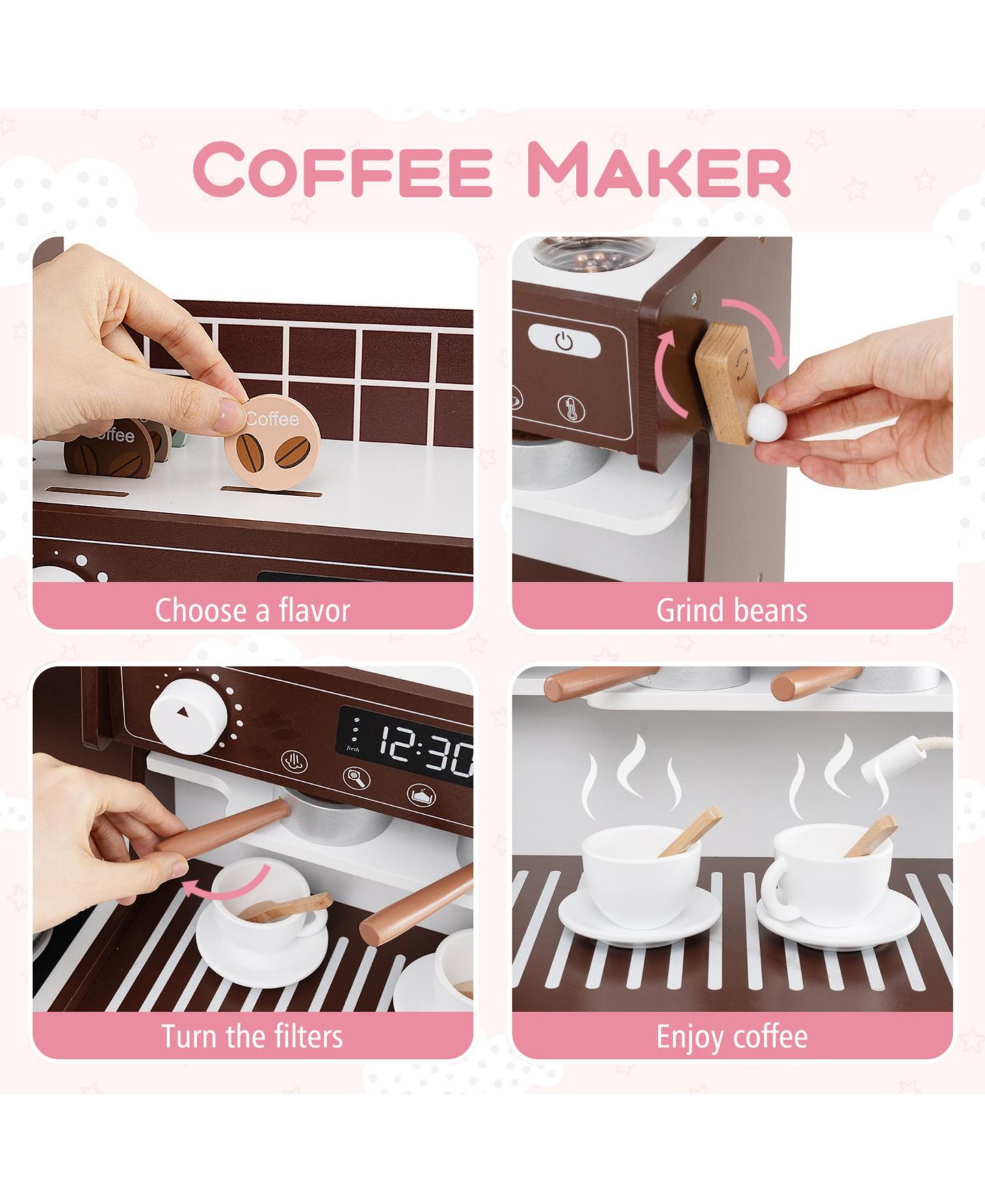 Детские игрушки SUGIFT Wooden Interactive Coffee Maker Kids Kitchen Set, Ages 3+, цвет: Коричневый — фото 7