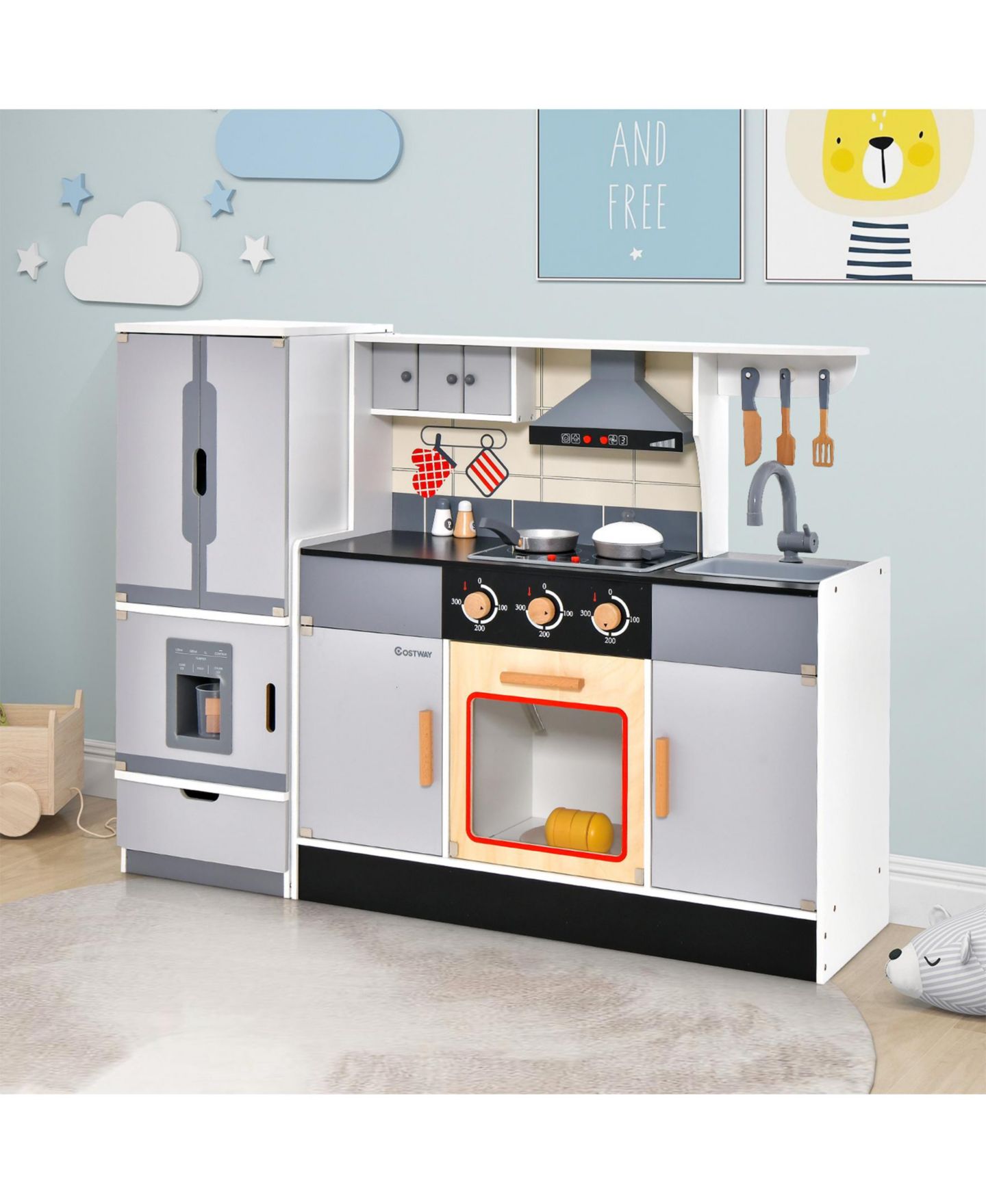 Детские игрушки SUGIFT 2-in-1 Wooden Play Kitchen and Refrigerator with Light and Sound Effects, 14-Piece Accessory Set, Ages 3+, цвет: Серый — фото 4