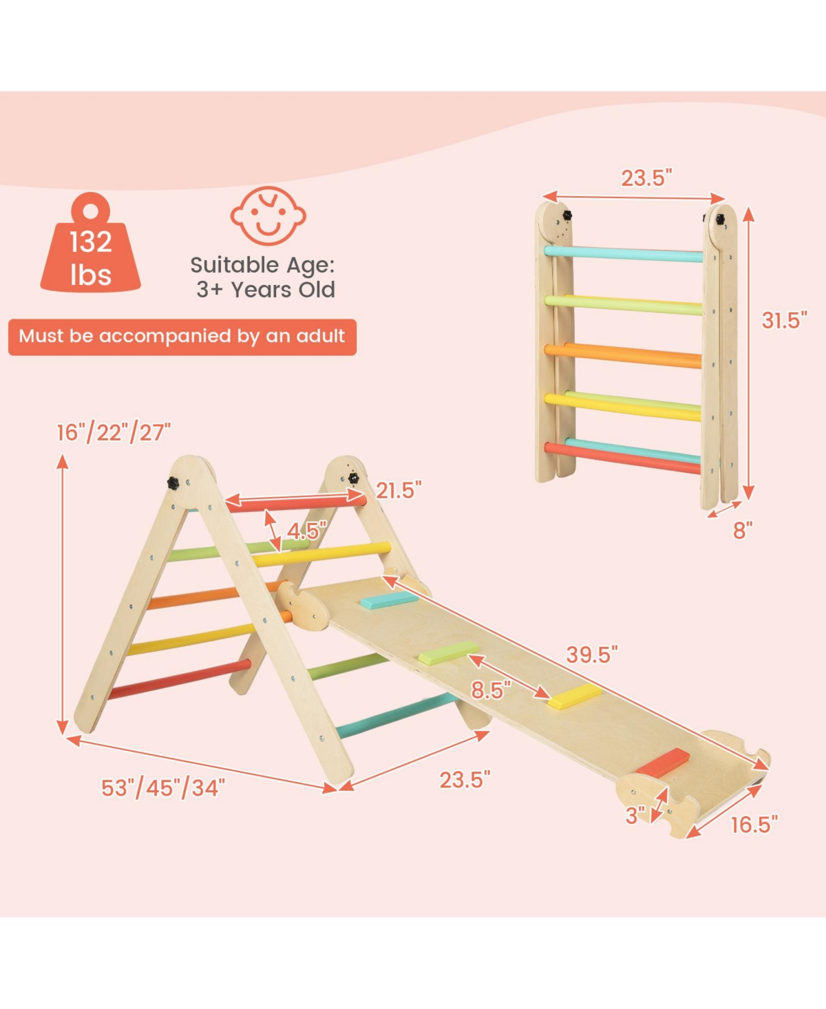 Mecale 3-in-1 Climbing Set Foldable and Adjustable Kids Triangle Set